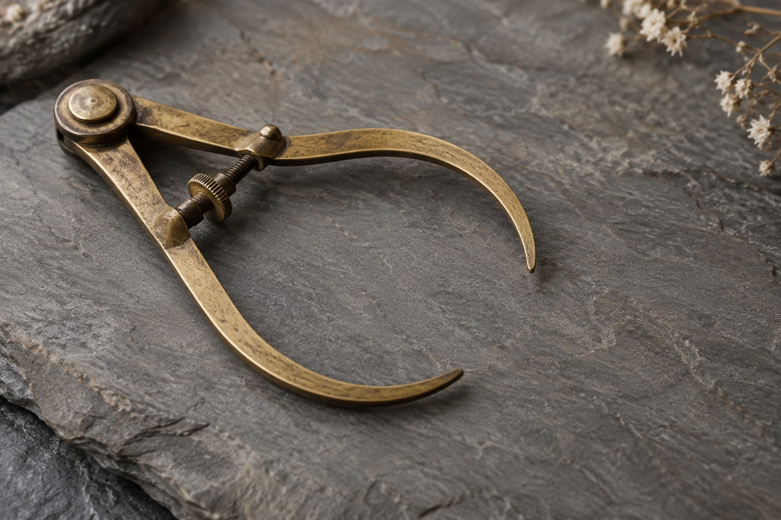 Open brass caliper resting on matte gray slate